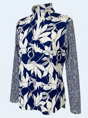 Womens Safe Sun Rash Gaurd 3/4 Zip Top Navy & White Floral Golf Shirt NWOT XL